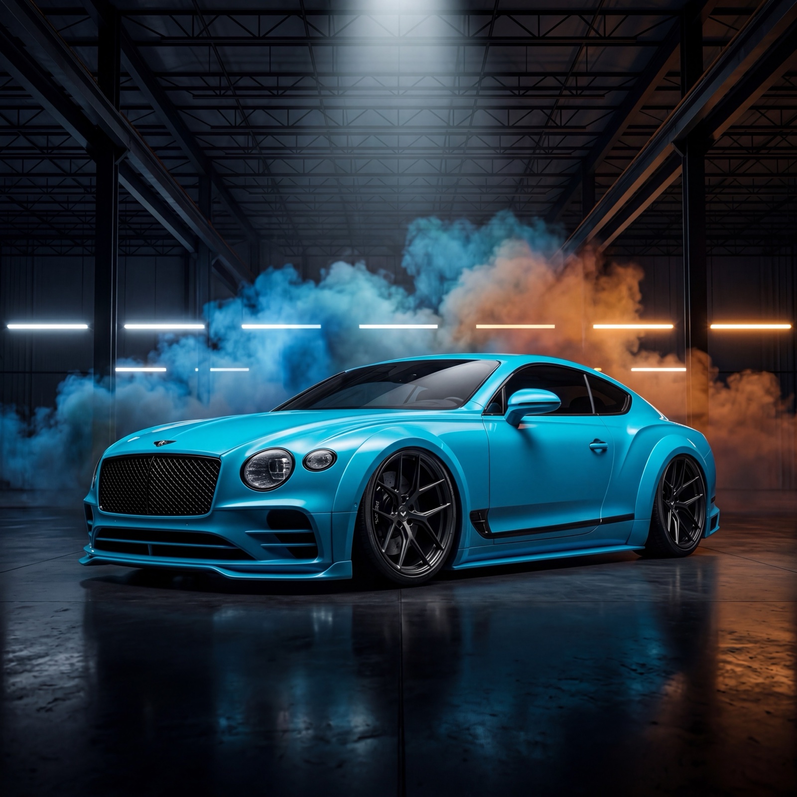 Blue Bentley Continental GT in a smoke-filled studio