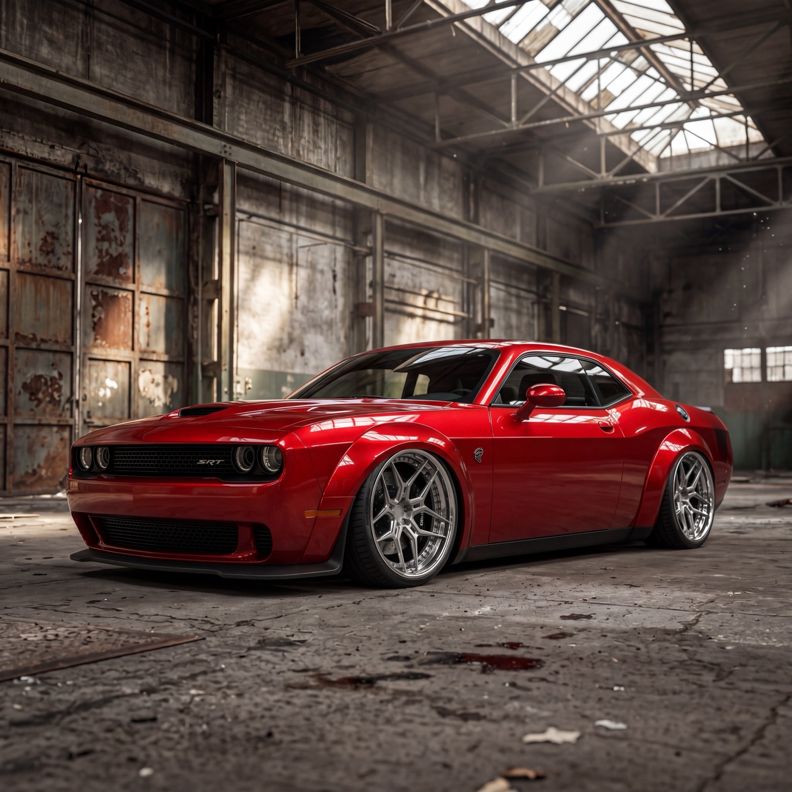 Red Dodge Challenger in an industrial warehouse