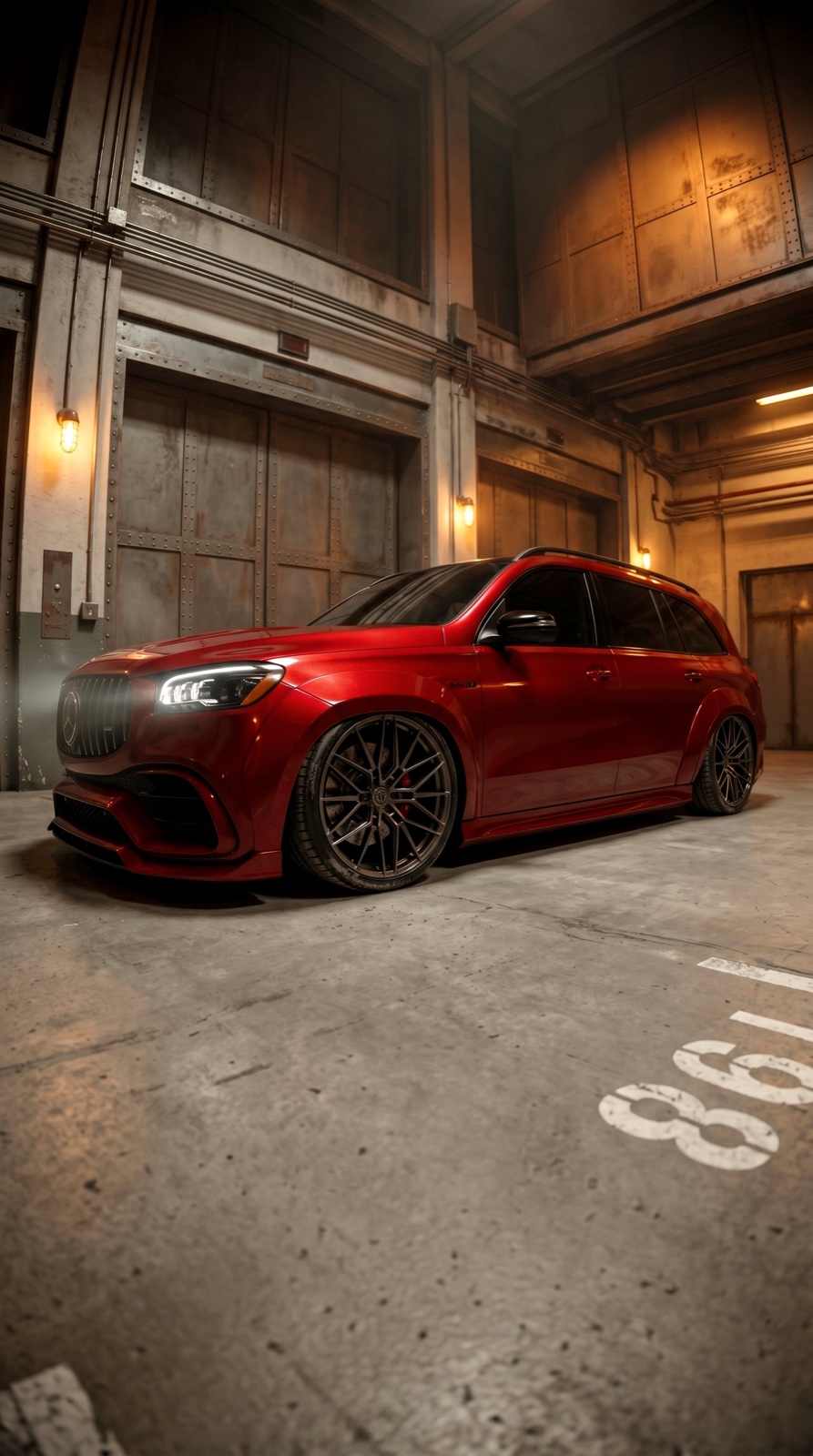 Red Mercedes-Benz SUV in a cinematic showroom