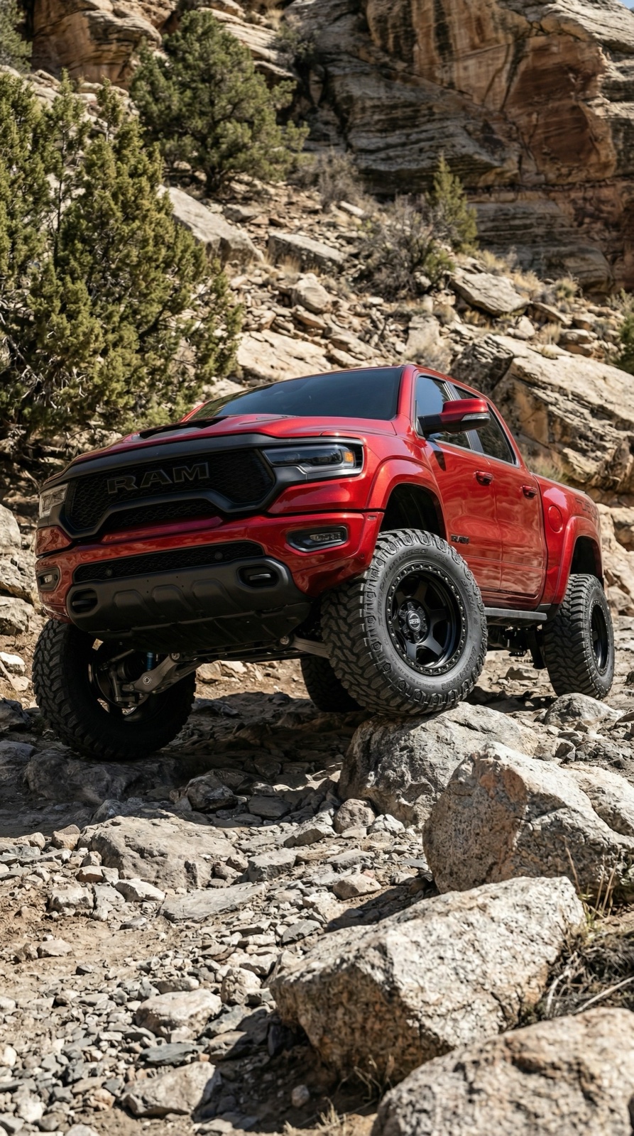 Red lifted Ram truck climbing through a rocky trail